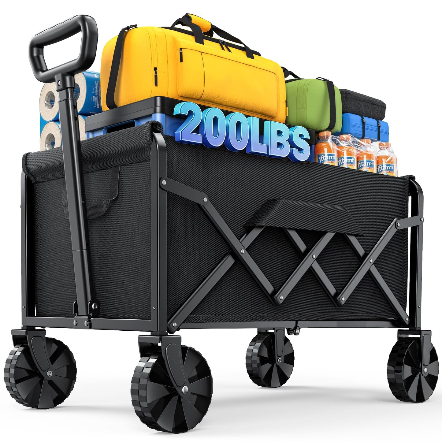 Kitsure Collapsible Wagon with Wheels, Foldable Dog Wagon Carts with 200lbs Load Capacity, Utility Shopping Cart, Black, 28.0" x 17.0" x 36.0"