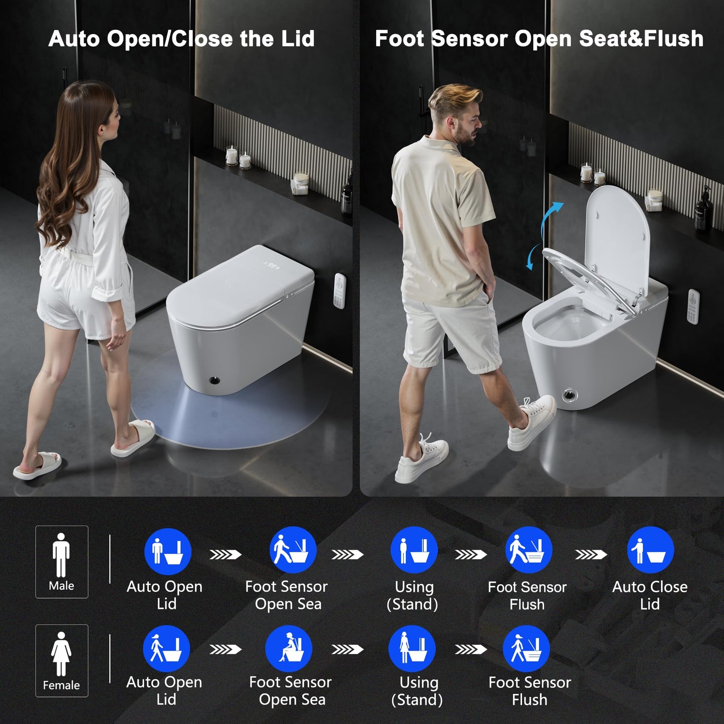 Smart Toilet with Auto Open/Close Lid for bedroom Heated Seat with Remote Control,Hidden Foam Shield, Multiple Cleaning Modes, Ambient Lighting,Soft Flush Feature Warm Water & Dryer