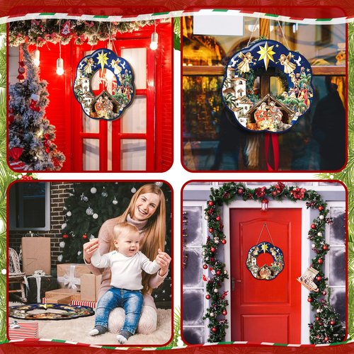 Holy Family Wreath Decorations Christmas Front Door Wreaths Sign Wooden Nativity Scene Christmas Wreath Religious Door Decoration for Window Xmas Home Wall Decor(Holy Family)