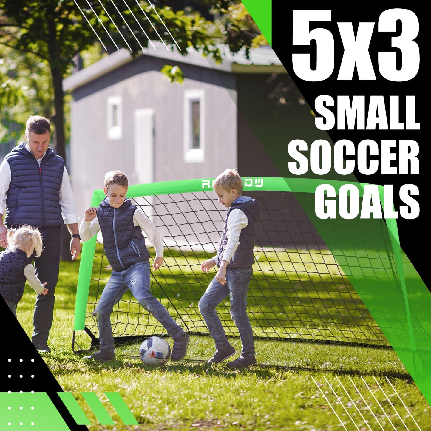 RUNBOW Soccer Goal for Backyard, 5x3 FT Portable Folding Soccer Net with Carry Bag for Kids and Adults Indoor/Outdoor Training Practice Use (Green, 5x3 FT, 1 Pack)