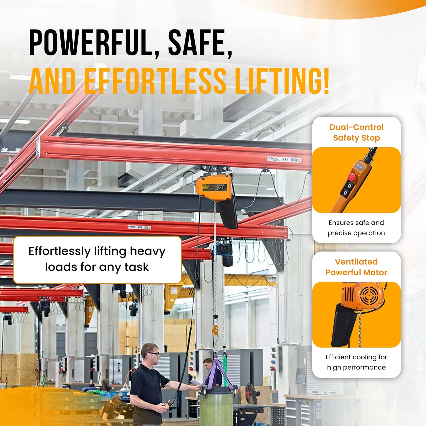 MTC Crane Heavy-Duty 2 Ton Electric Hoist, Electric Winch - Electric Hoist with VFD Controls, 20' Lift Height, 480V 3-Phase, Pendant Control