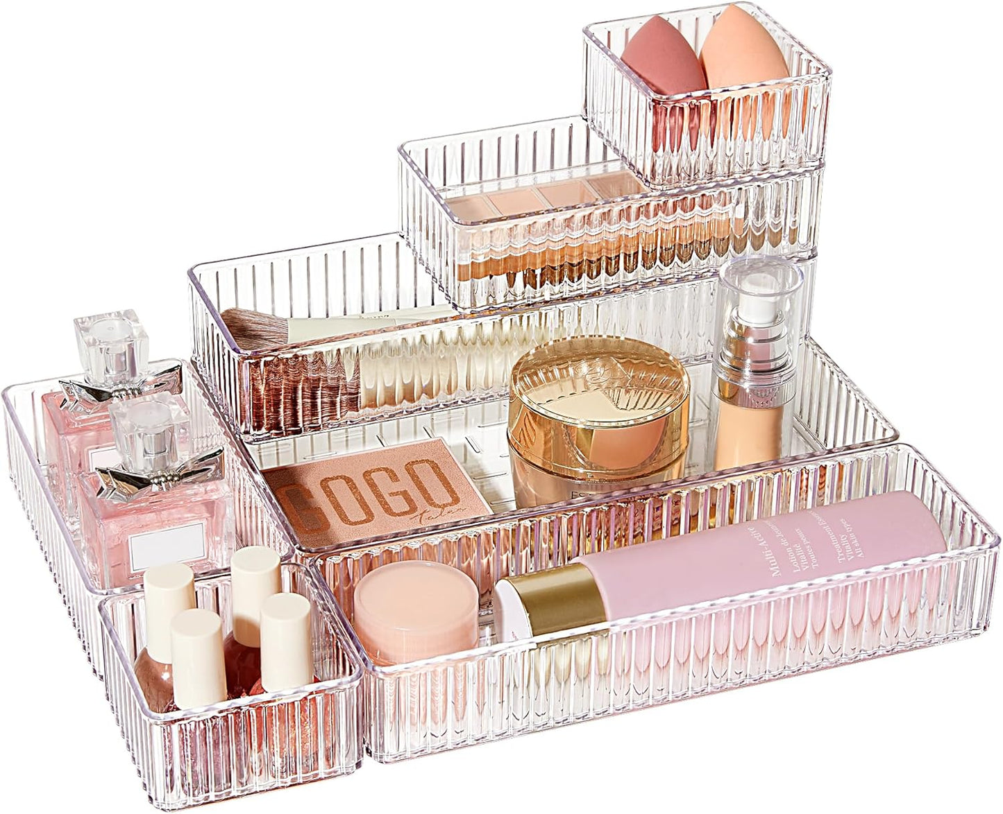 Vtopmart 7-Piece Clear Drawer Organizer Set - Stackable Acrylic Storage Bins for Makeup, Office Supplies & Kitchen Utensils