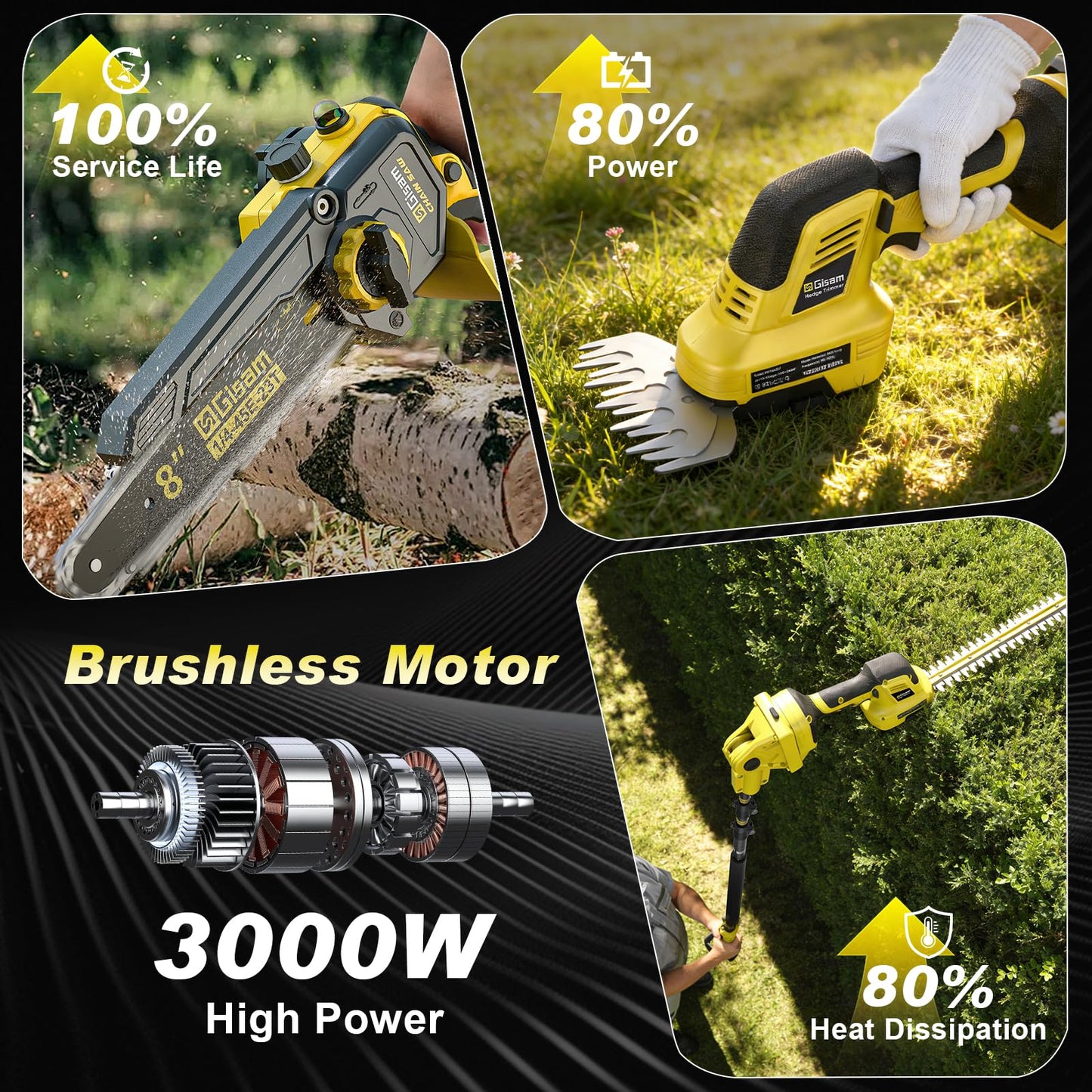 6-in-1 Cordless Pole Saw & Hedge Trimmer Combo & Grass Shear with Extension Pole Garden Tool with 2 * 4.0Ah Battery,180°Adjustable Angle,16Ft Reach,for Shrubs Pruning