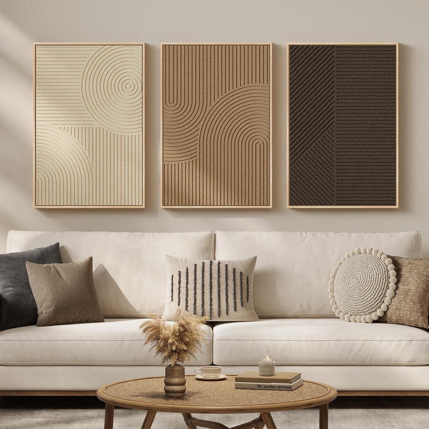Skiennix 3D Textured Framed Boho Wall Art - Modern Minimalist Abstract Paintings | 3-Piece Set, 16x24 In