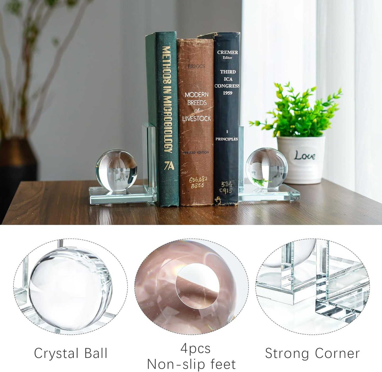 Skiennix Crystal Bookends - L-Shape Non-Skid Heavy-Duty Book Holders | 4-Inch Clear Decorative Ornaments
