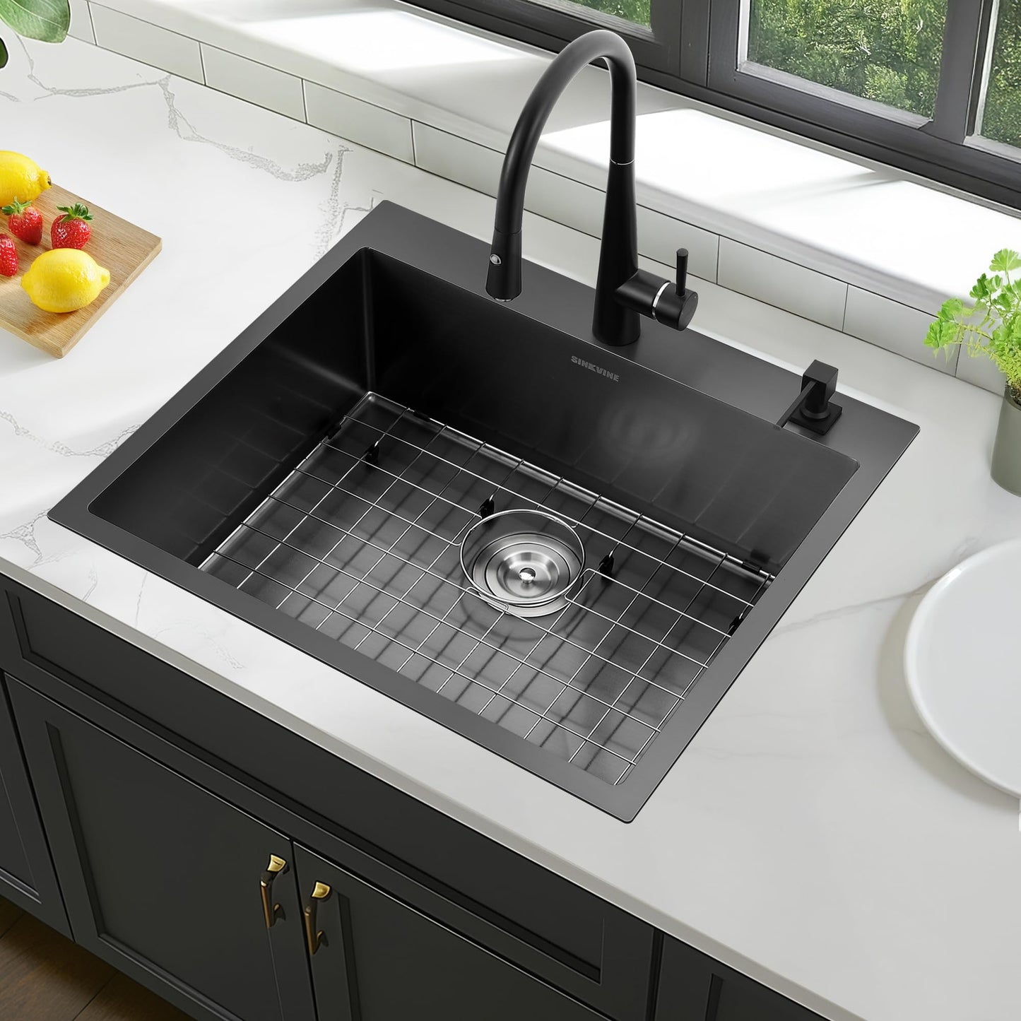 Drop-In Deep Laundry Sink 25 x 22 inch Black, SINKVINE Single Bowl Nano Stainless Steel Kitchen Sink for Outdoor and Indoor Top Mount, with Drain Strainer, Bottom Grid, Roll-up Drying Unit, Dark Gray