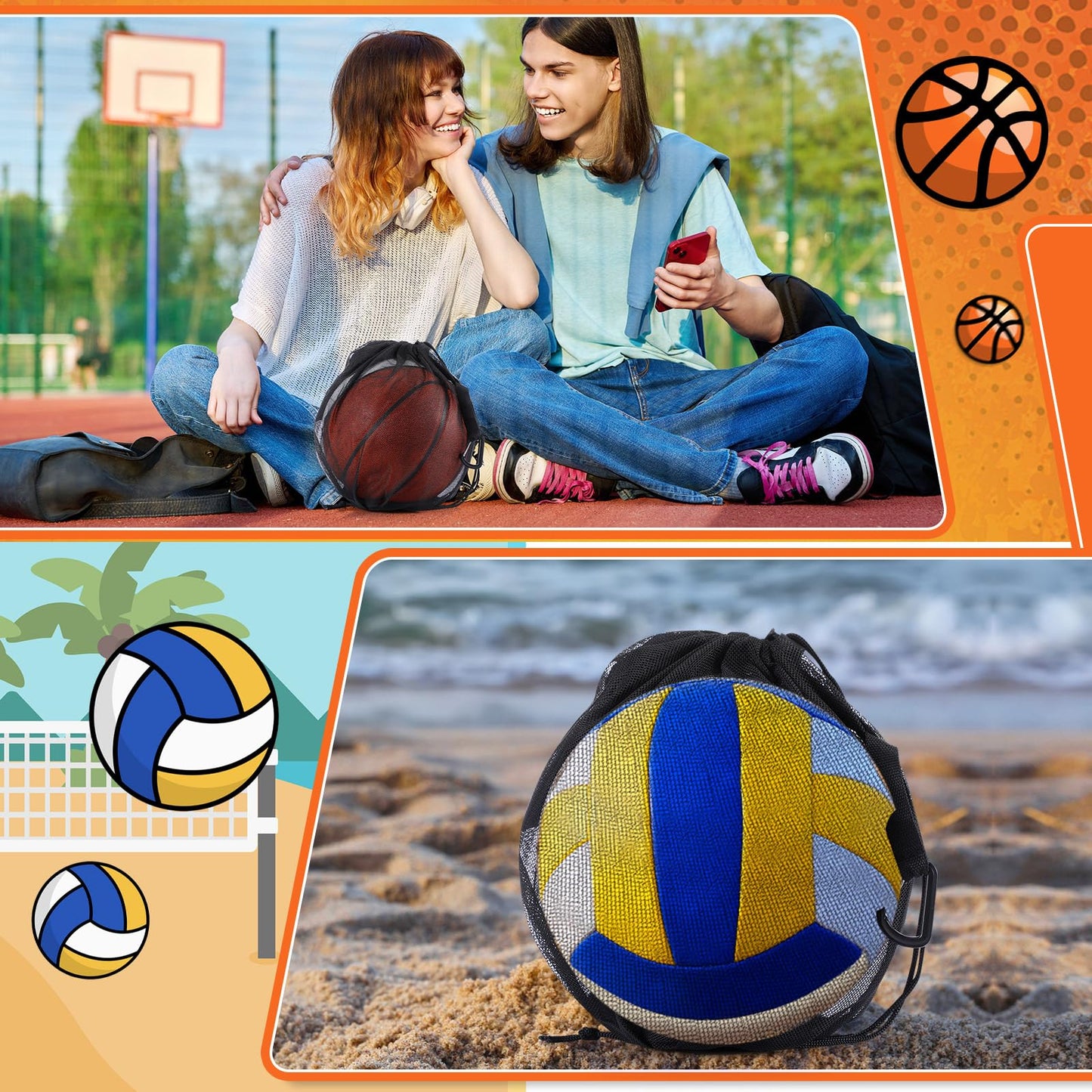 Dansydaisy 6 Pcs Mesh Ball Bags Basketball Volleyball Football Single Storage Bag with Zipper Pocket Drawstring Sling Back Bag D Rings for Carrying Ball