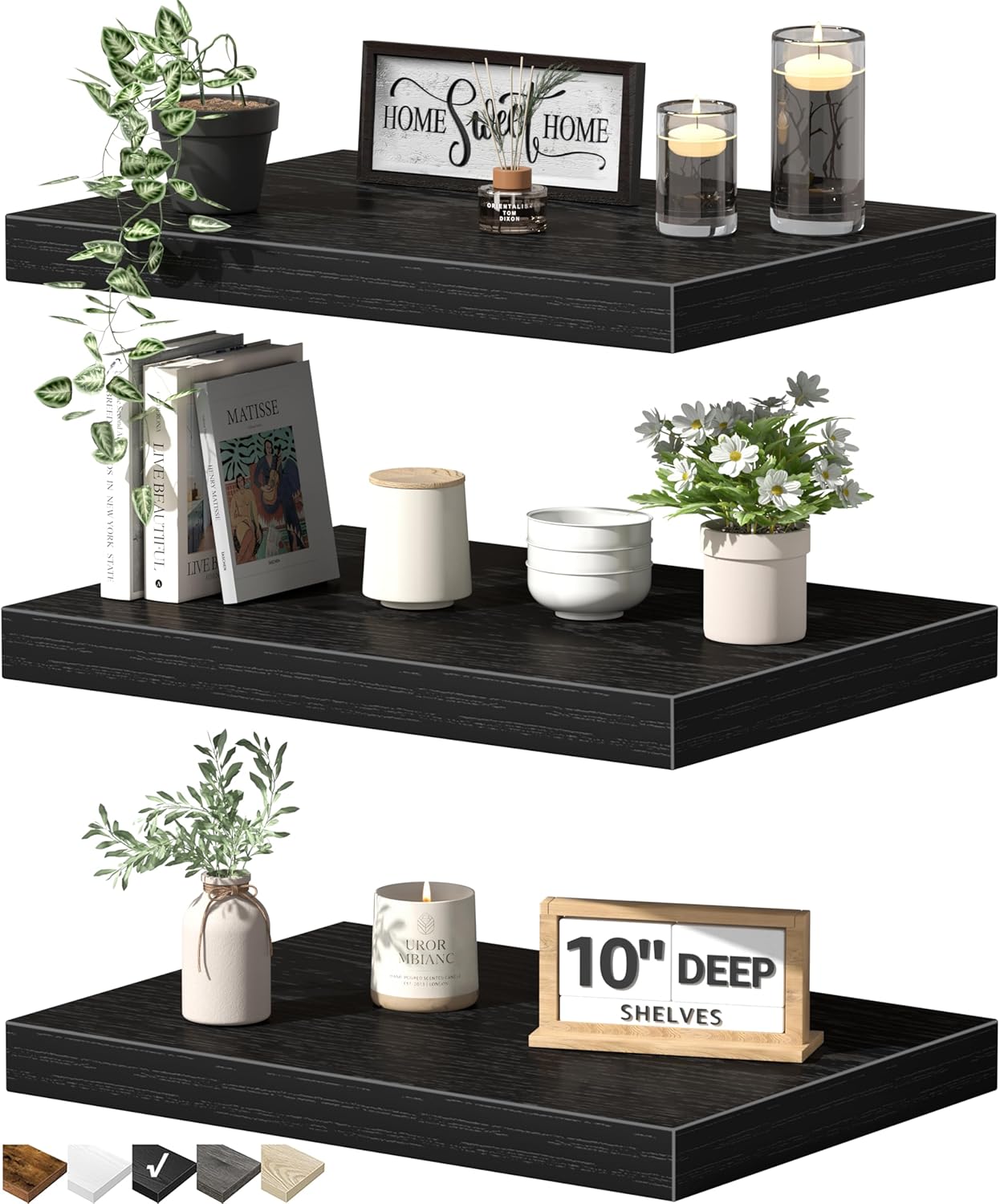 QEEIG 10" Deep Floating Shelves - Set of 3 Black Wall-Mounted Bookshelves for Bathroom, Bedroom, Kitchen & Living Room