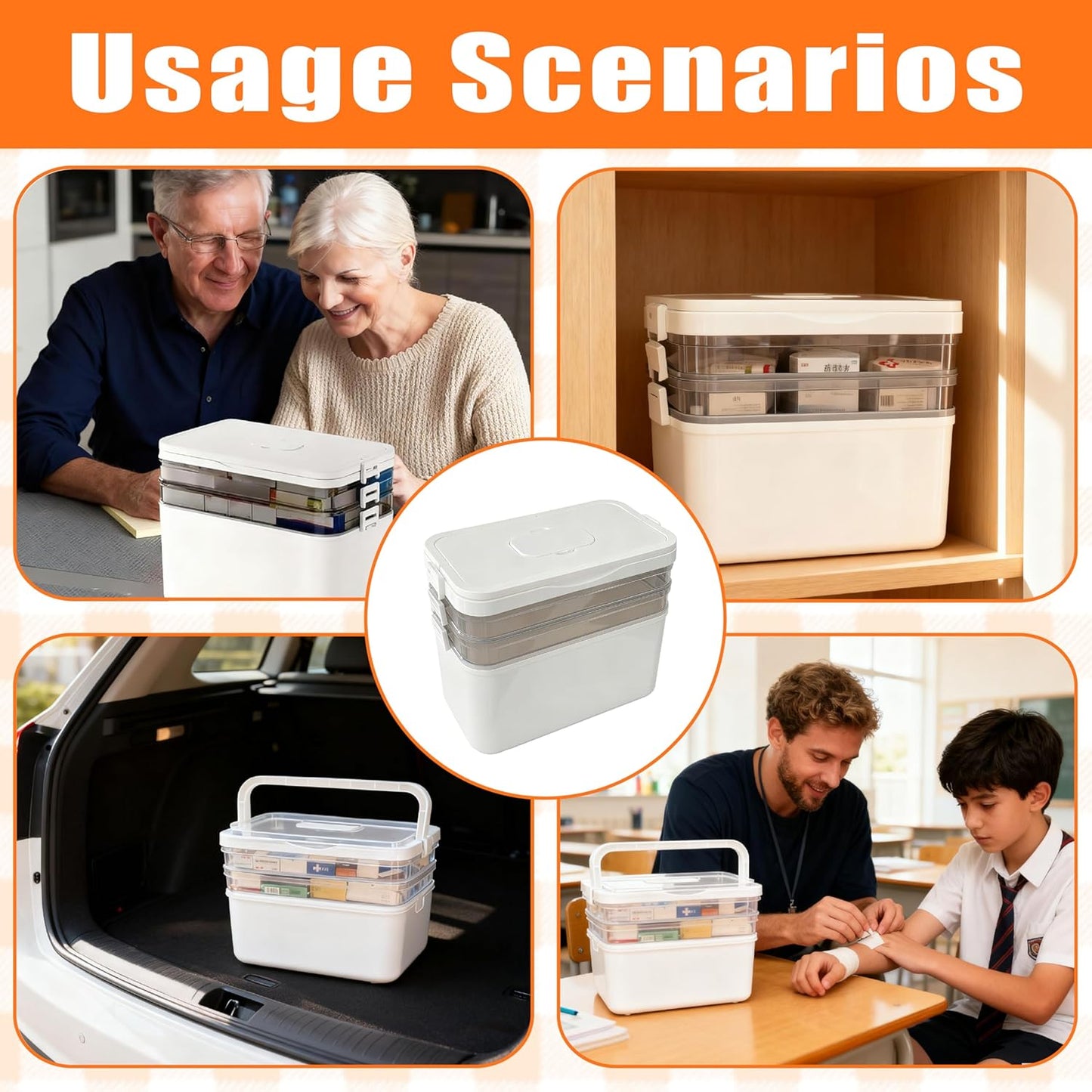 Skiennix 3-Tier Medicine Organizer - Portable First Aid Kit with Detachable Pill Box | White