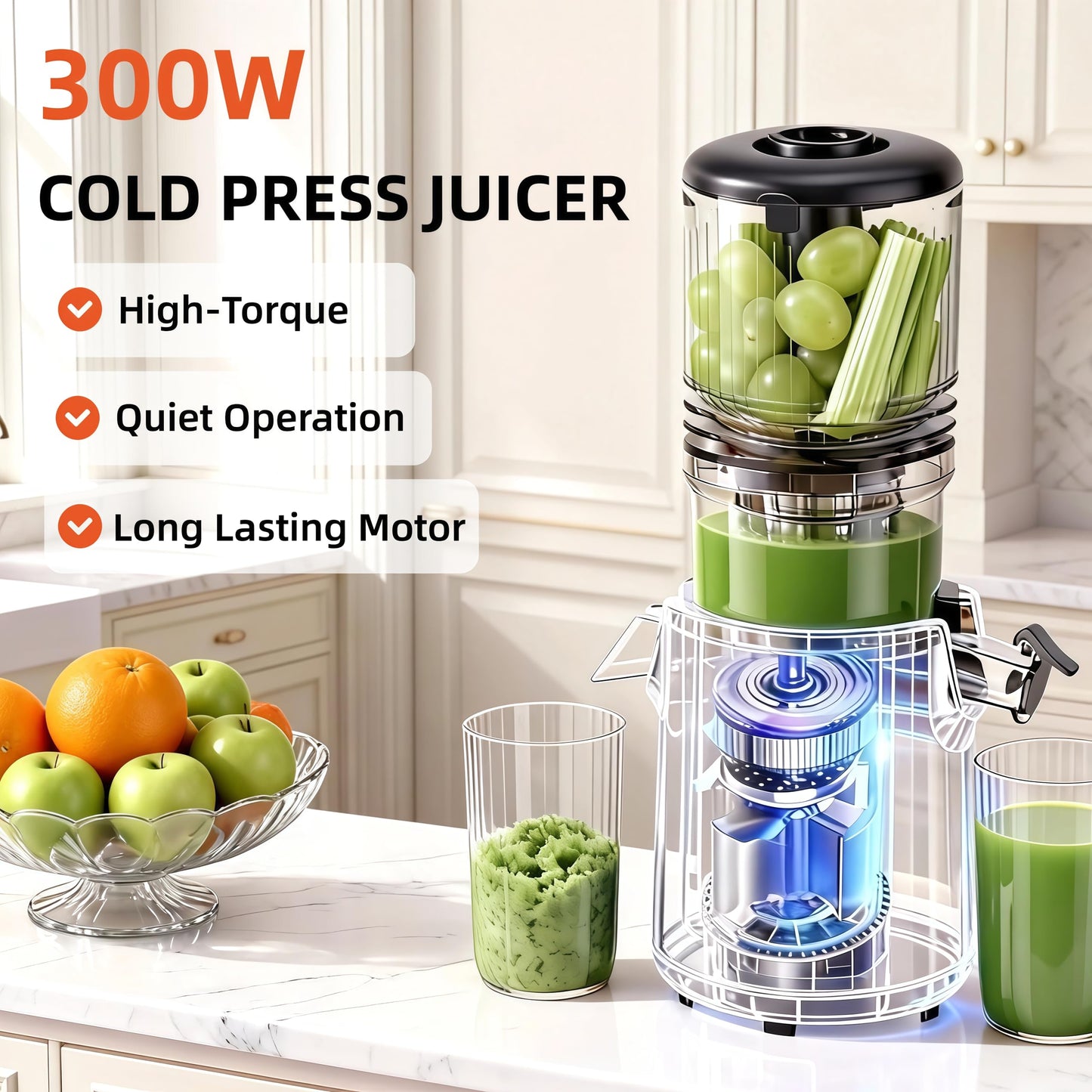 celiberry Cold Press Juicer Machines, 5.3” Large Feed Chute Slow Masticating Juicer for Whole Fruits & Vegetables, Easy Clean, 300W Quiet Juice Extractor, 99% High Juice Yield, Black