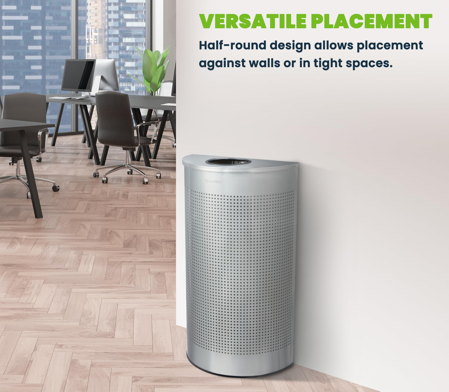 Alpine Half Round Trash Can Open Top - Modern 12 Gallon Stainless Steel Space Saving Indoor Commercial Trash Can, Narrow Garbage Can for Bathroom. Office, Lobby and Business.
