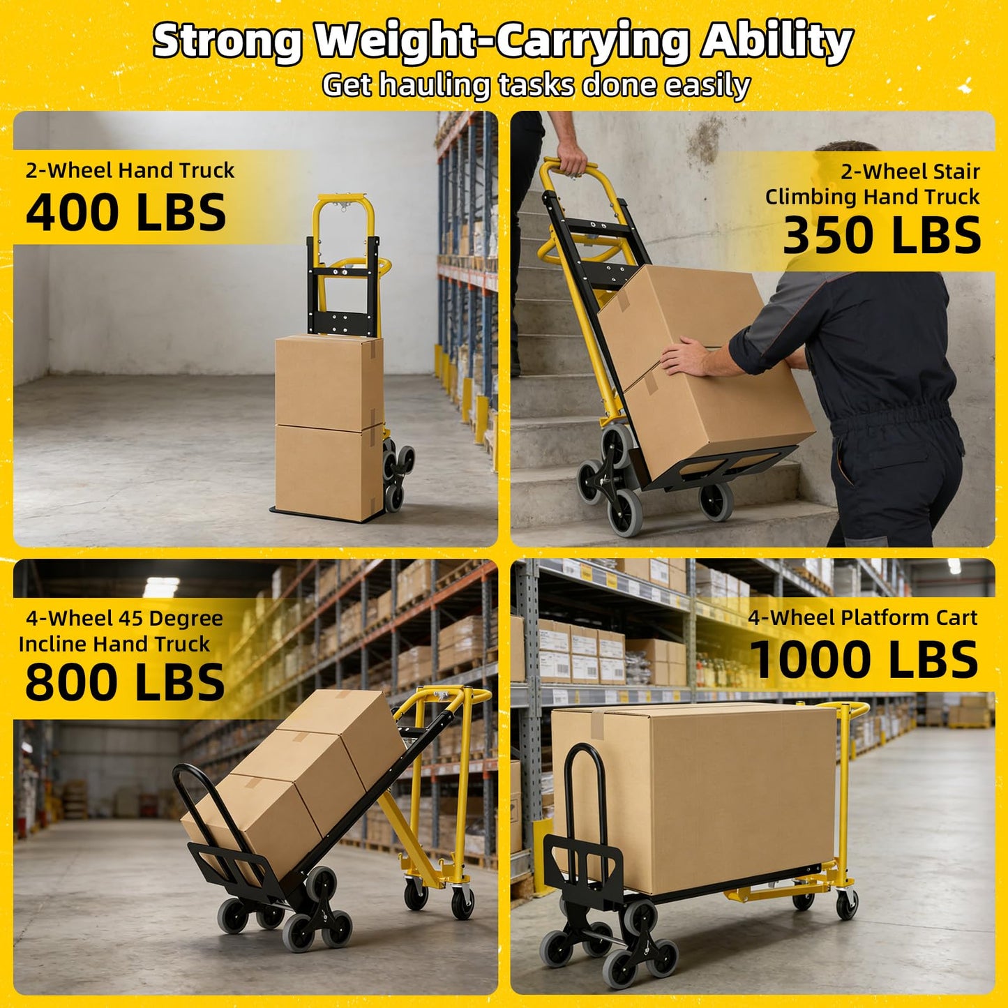 4 in 1 Convertible Hand Truck Dolly Cart with Wheels, 1000Lbs Capacity, Heavy Duty Stair Climbing Hand Trucks with Bungee Cord & Strap for Flat Ground & Stairs, Logistics, Home, Office, Yellow