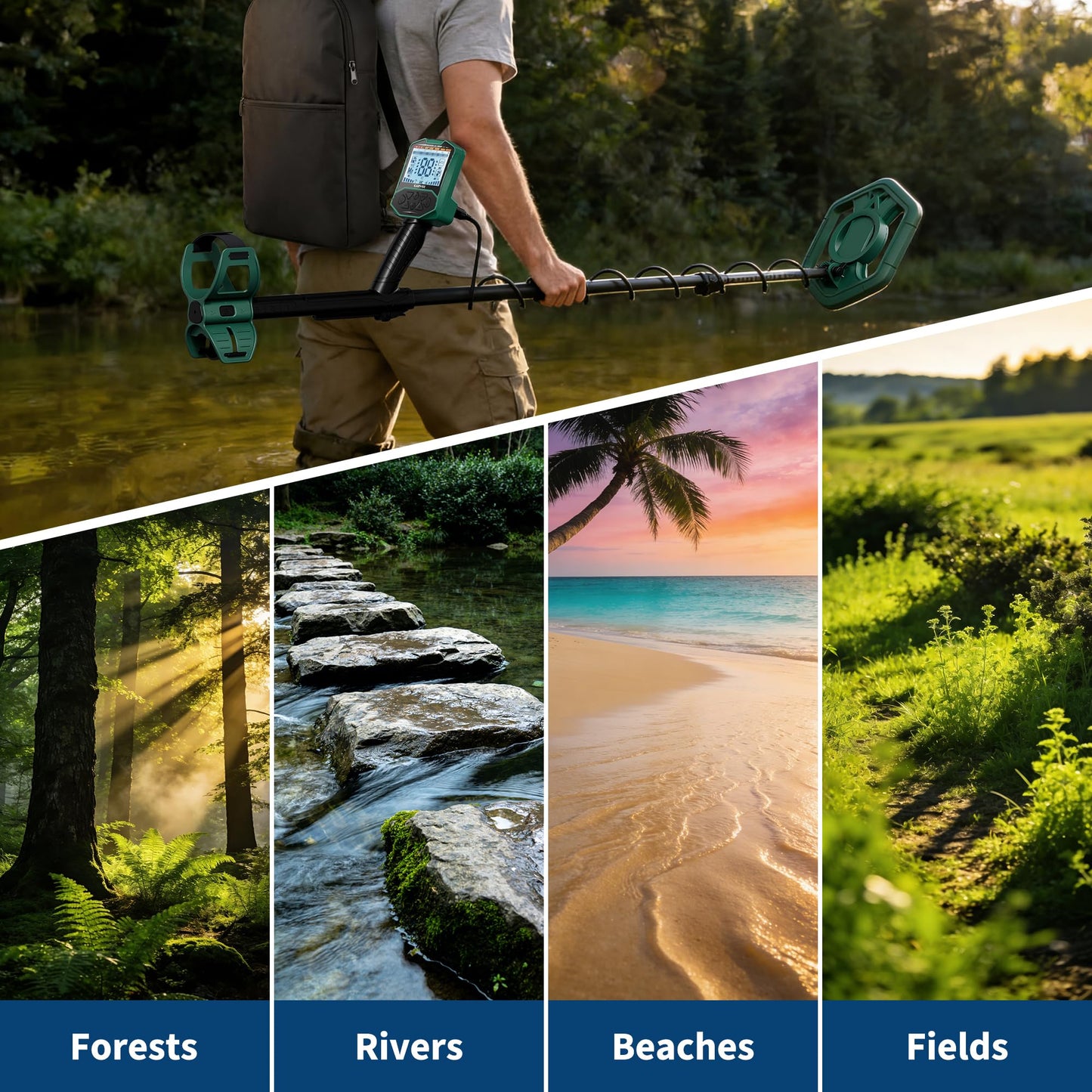 Professional Metal Detector for Adults with 5 Modes, IP68 Waterproof Search Coil, Larger Backlit LCD Display, High Accuracy Gold & Coin Detector for Beach Treasure Hunting, Beginner Friendly, Green