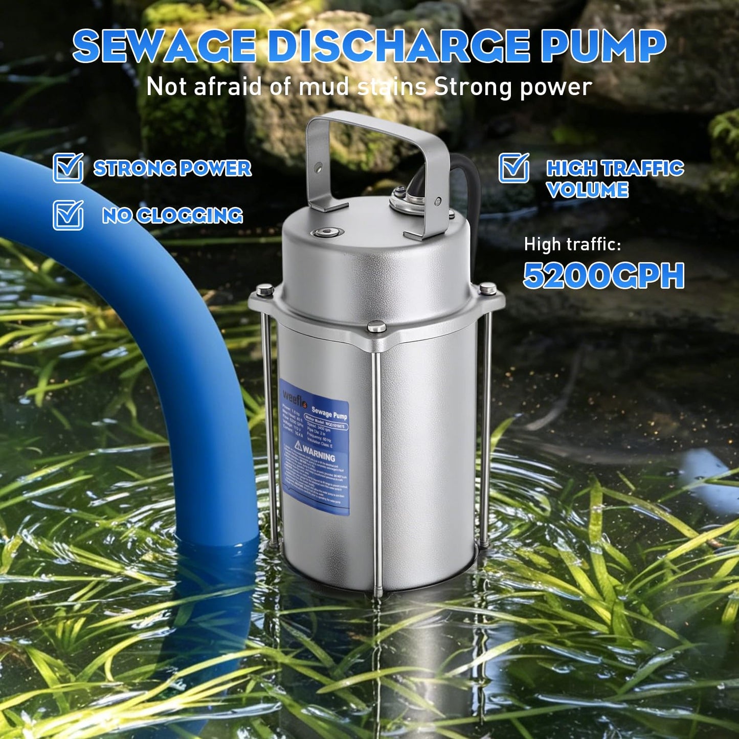 Weeflos 1.6HP 5200GPH Sewage Grinder Pump Stainless Steel Effluent Pump with Auto Float Switch for Basement Sump Basin and Sewage Well Pre-wired (16M) with a 3-Point Plug