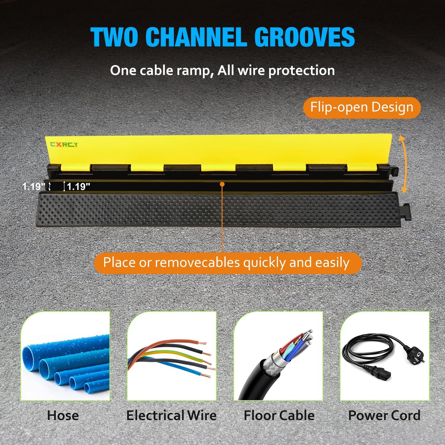 CXRCY 2 Channel Cable Protectors Ramp, 5Pack Cable Ramps, 22000lbs Capacity Heavy Duty Rubber Driveway Traffic Speed Bumps Hose Cord Cable Protector Ramp for Wire/Hose/Pipe Hider