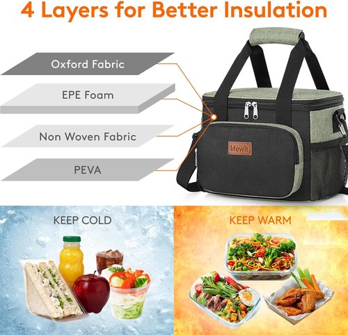 Lifewit Insulated Lunch Bag - Soft Cooler Tote for Adults | Black & Green, 12-Can Capacity (9L)