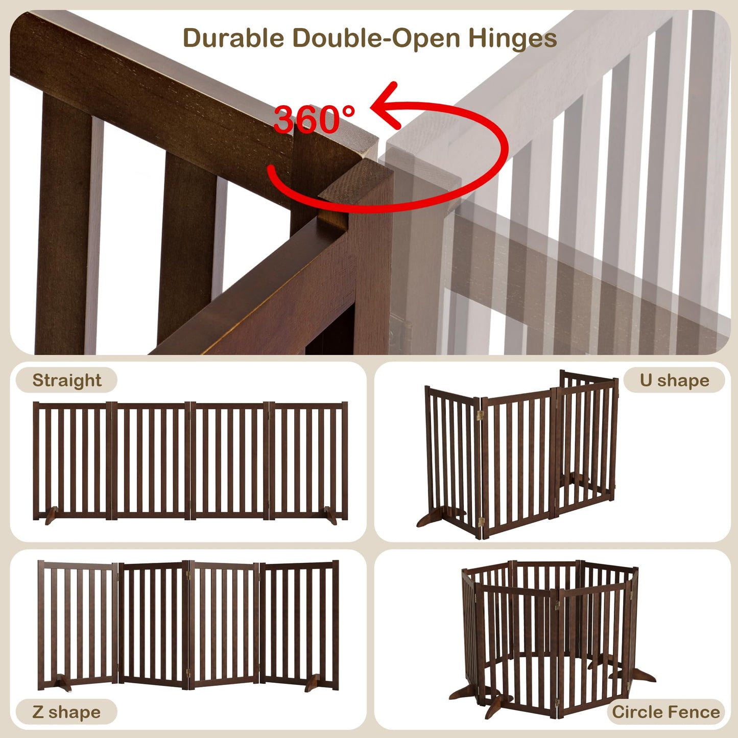 30" Height Tall Freestanding Pet Gate, Solid Wood Folding Safety Fence Wooden Dog Gate with 2 PCs Support Feet Ideal for Stairs, Doorways, Halls, Kitchens, Heavy Duty Gates, 4 Panels, Walnut