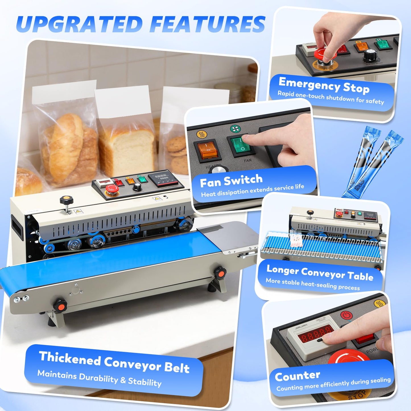 Frifreego Automatic Continuous Bag Sealer, 0.24-0.47 in Seal Width with Digital Temperature Control/Emergency Stop Automatic Coffee Bag Sealer for Plastic Bags, Cookie, Food Storage, Bakery