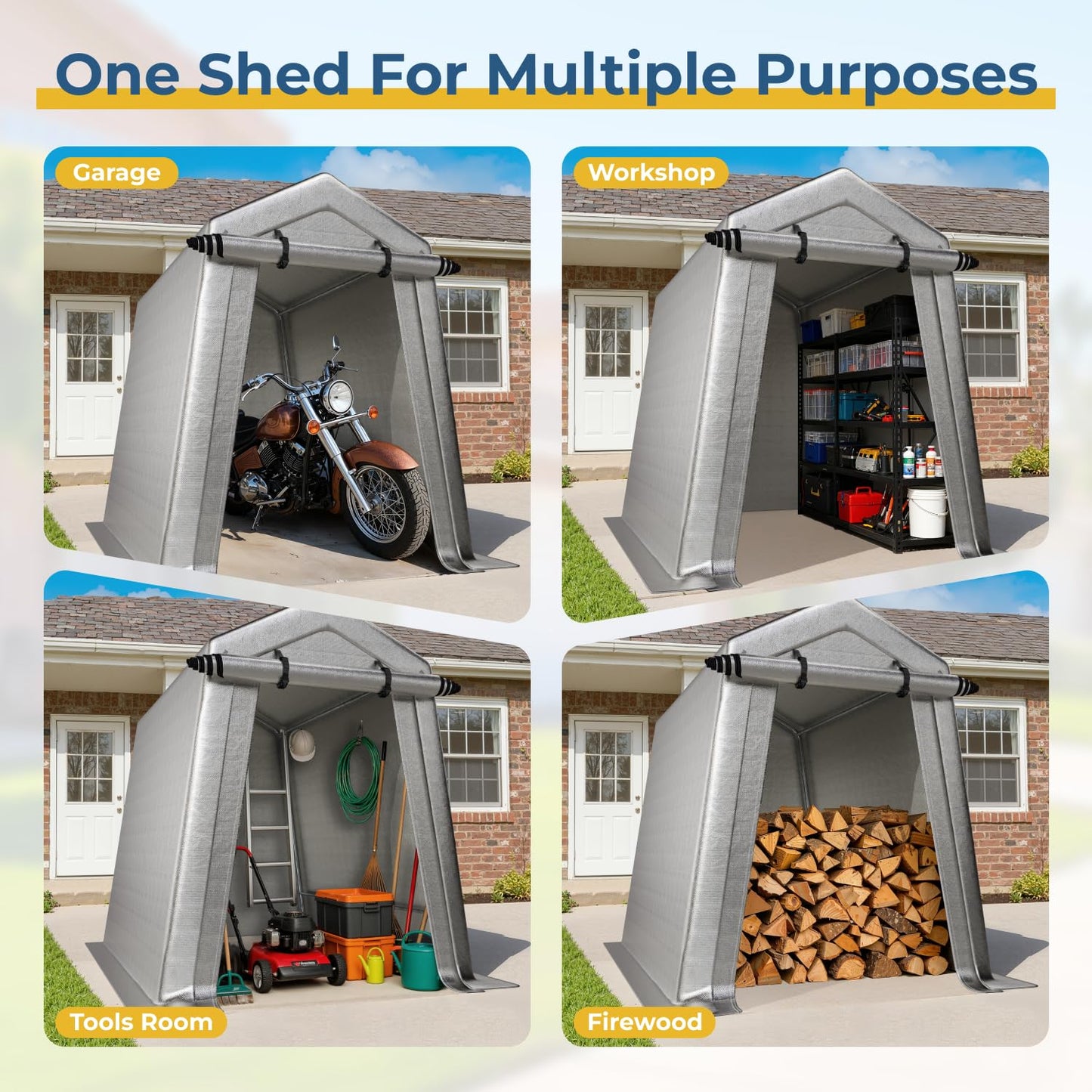 LINKHOO 6 x 8 FT Carport, Portable Shed w/220G Heavy Duty Waterproof PE Tarp, Roll-up Zipper Door & Vent, Weather-Resistant Storage Shed for Motorcycle, Bike and Tools, Gray