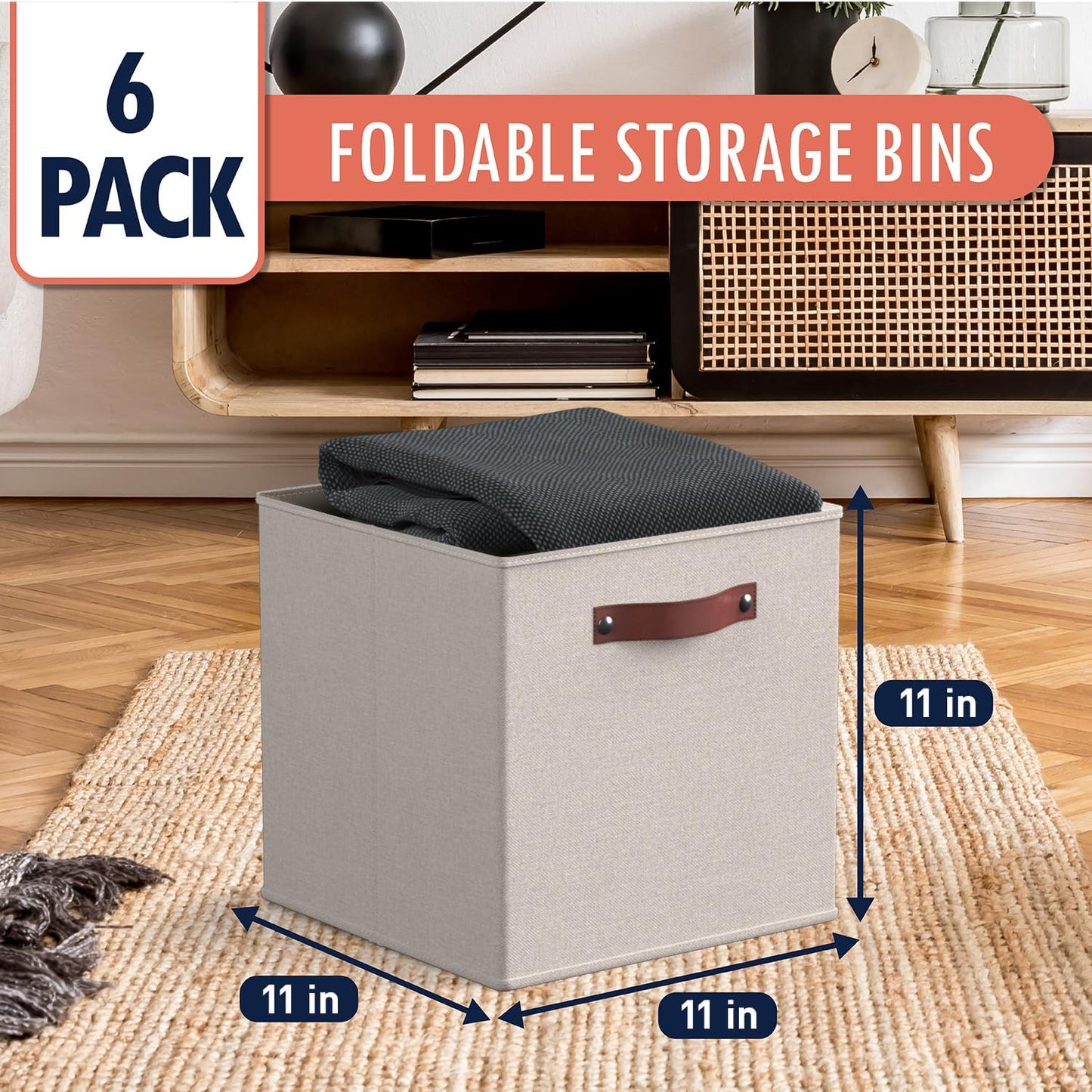 Ornavo Home Storage Cube Bins - Foldable Fabric Organizers with Leather Handles | 11x11 Inches, Beige, 6 Pack