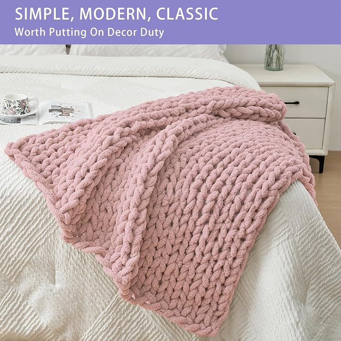 Bigacogo Chunky Knit Throw Blanket for Couch, 40x40 inches, 100% Hand Knitted with Thick Jumbo Chenille Yarn, Cozy Soft Large Rope Knot Cable Crochet Blankets for Sofa Bed Living Room, Dusty Pink