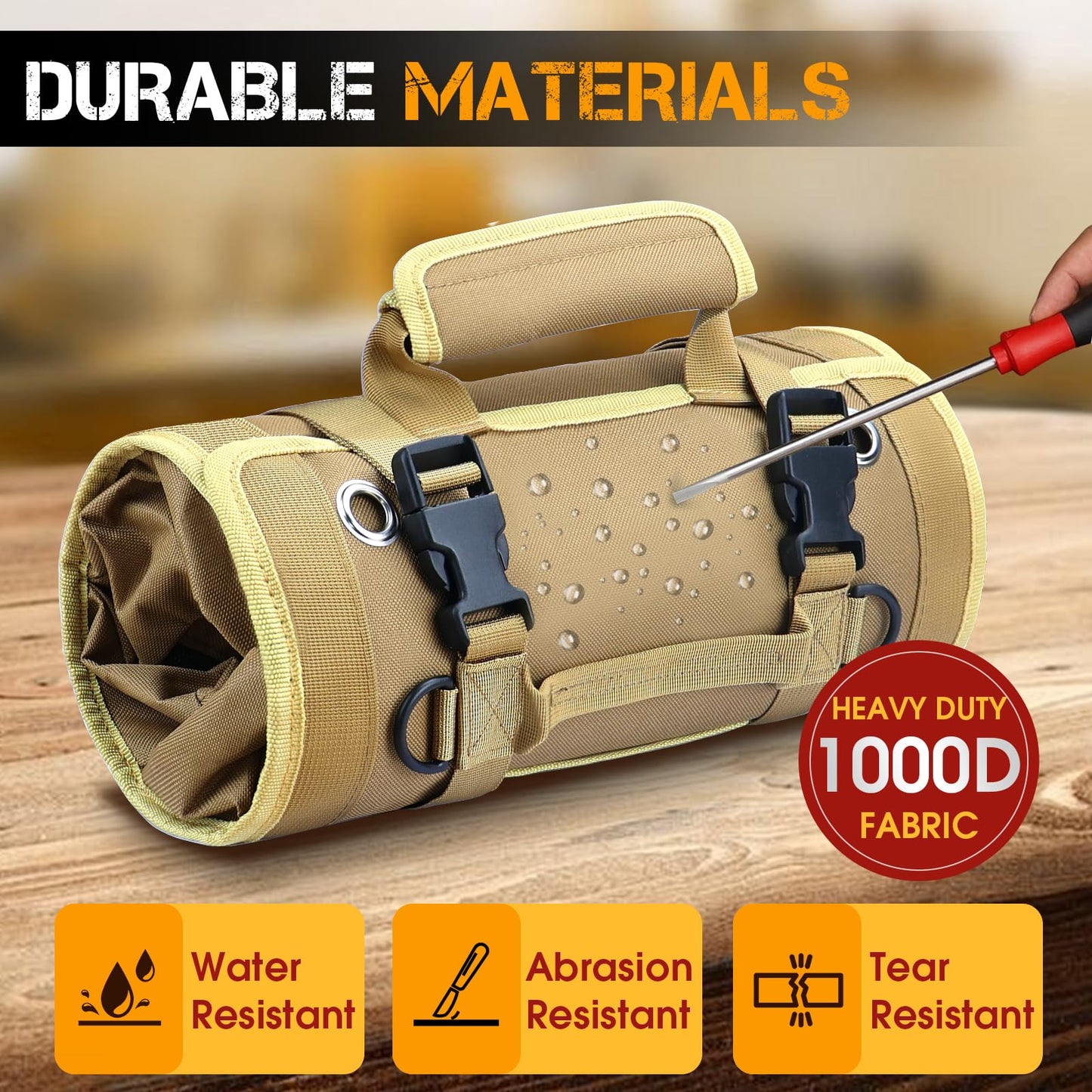 Roll Up Tool Bag, Heavy Duty Tool Organizer with 2 Detachable Pouches, Durable Tool Storage for Men, Women, Husband, Handyman, RV Owners, Khaki