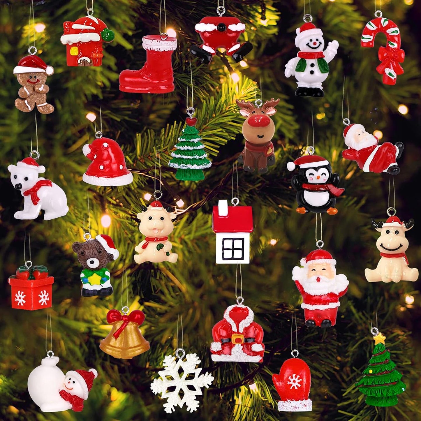 YUJUN Mini Christmas Ornaments Set - 24pcs 3D Resin Figurines for Tree Decoration