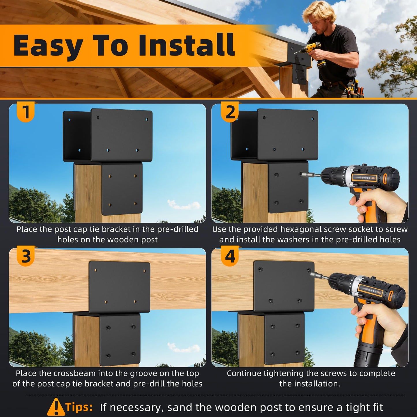Wuno Shop 2 Pack 6x6(Actual 5.5"x5.5") Post Caps Tie Bracket, Stainless Steel Post to Beam Connectors for Wood, Heavy Duty Post Anchor Connector for Pergolas, Gazebos, Decks Porches-Black