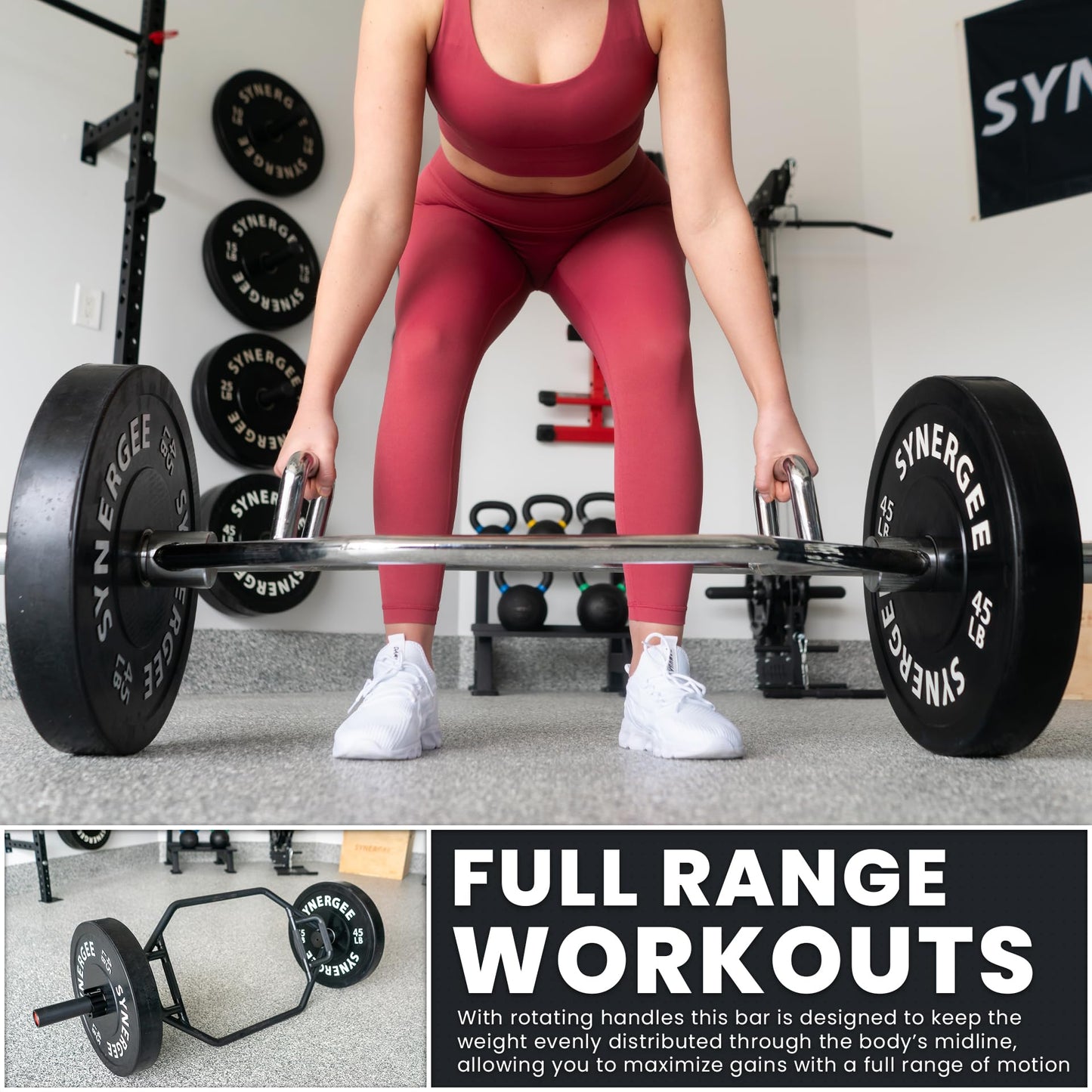 Synergee 25kg Chrome Olympic Hex Barbell Trap Bar with Two Handles for Squats, Deadlifts, Shrugs and Power Pulls. 56” Long Bar with 10” Sleeve.