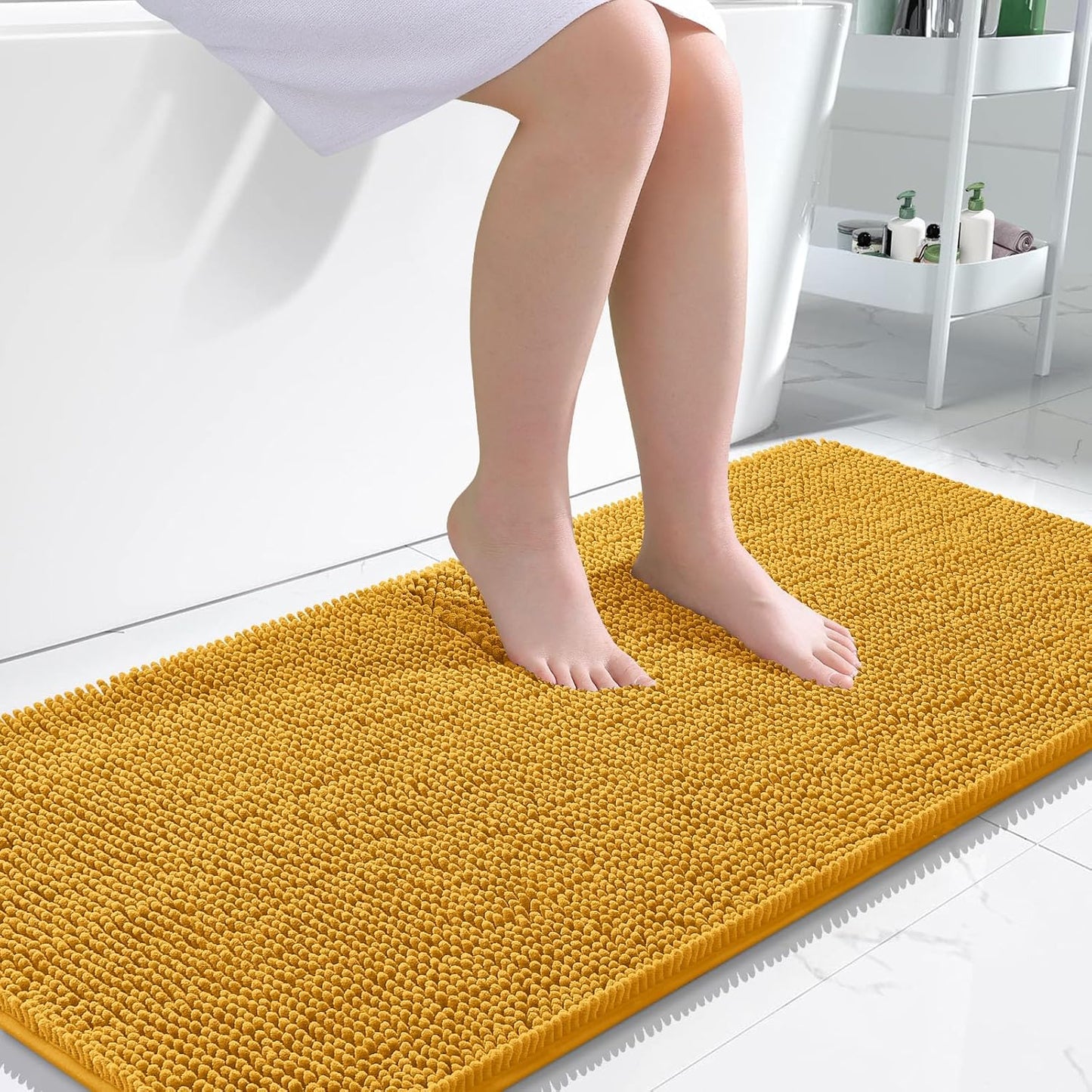 OLANLY Bathroom Runner Rugs - Soft Absorbent Chenille with Rubber Backing | 47x24 Inches, Quick Dry, Golden Yellow