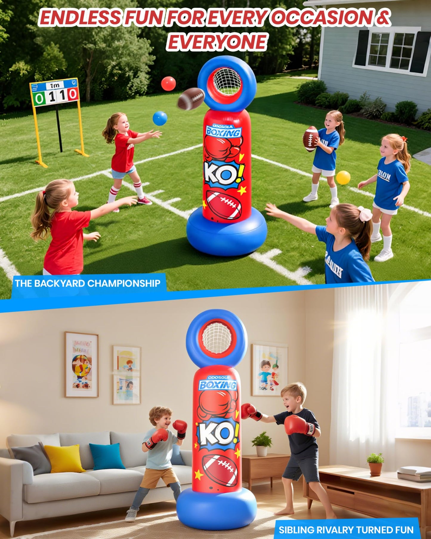 ODOSOLA Inflatable Punching Bag for Kids, 2-in-1 Freestanding Boxing Bag with Football Toss Game, 68.8'' Heavy Duty Karate Taekwondo Toy for Boys Girls Ages 3-12, Birthday Xmas Gift Ideas