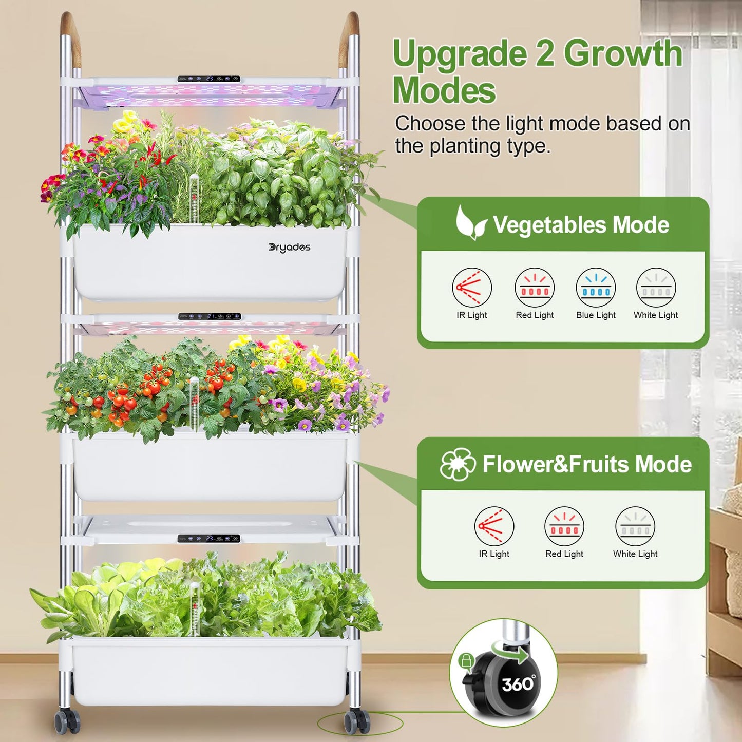DRYADES Indoor Hydroponic Growing System with 81 Pods Herbs Garden Kit with 30W Led Grow Light Large Movable 3-Layer Floor-Standing Hydroponic Gardening System for Vegetable Fruit