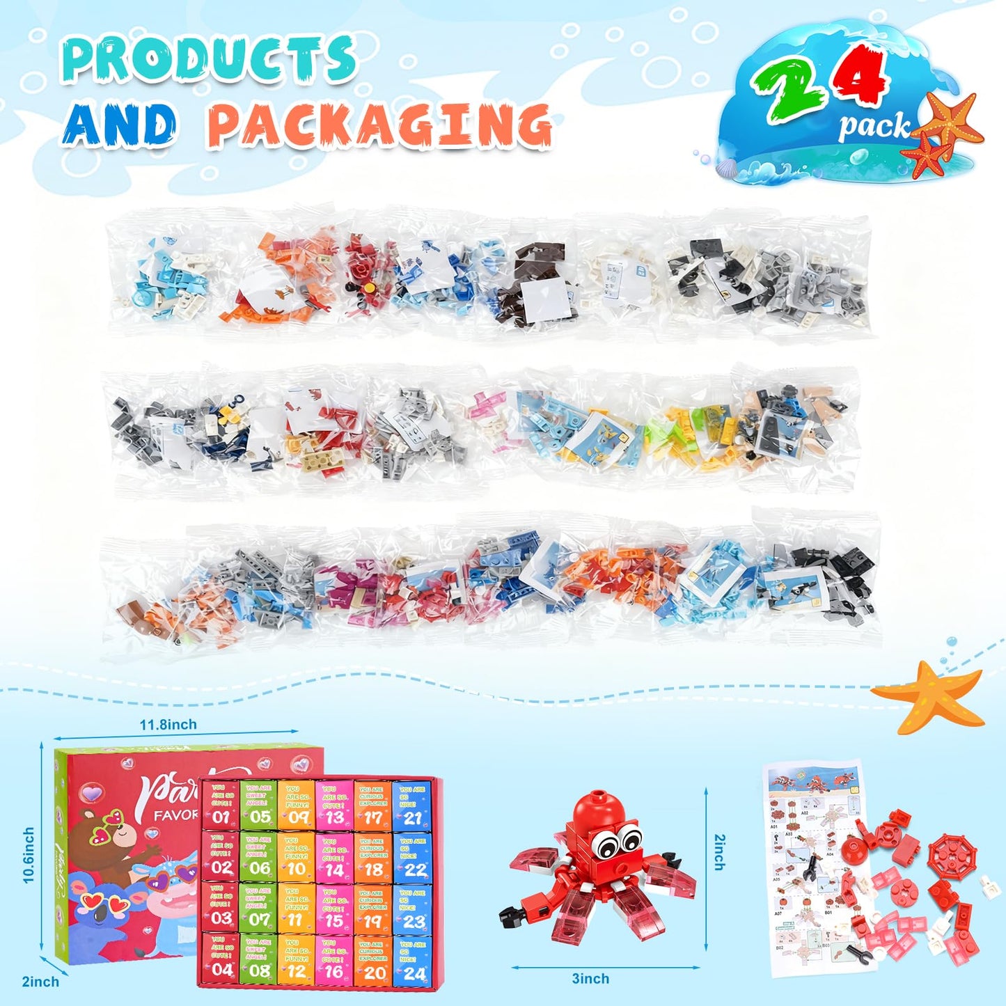 PEACEJOUNEY 24-piece Valentine's Day Gift Set, Ocean Life Building Blocks, Suitable for Boys and Girls - Valentine's Day Party Gifts, Classroom Exchange Gifts, School Reward Items