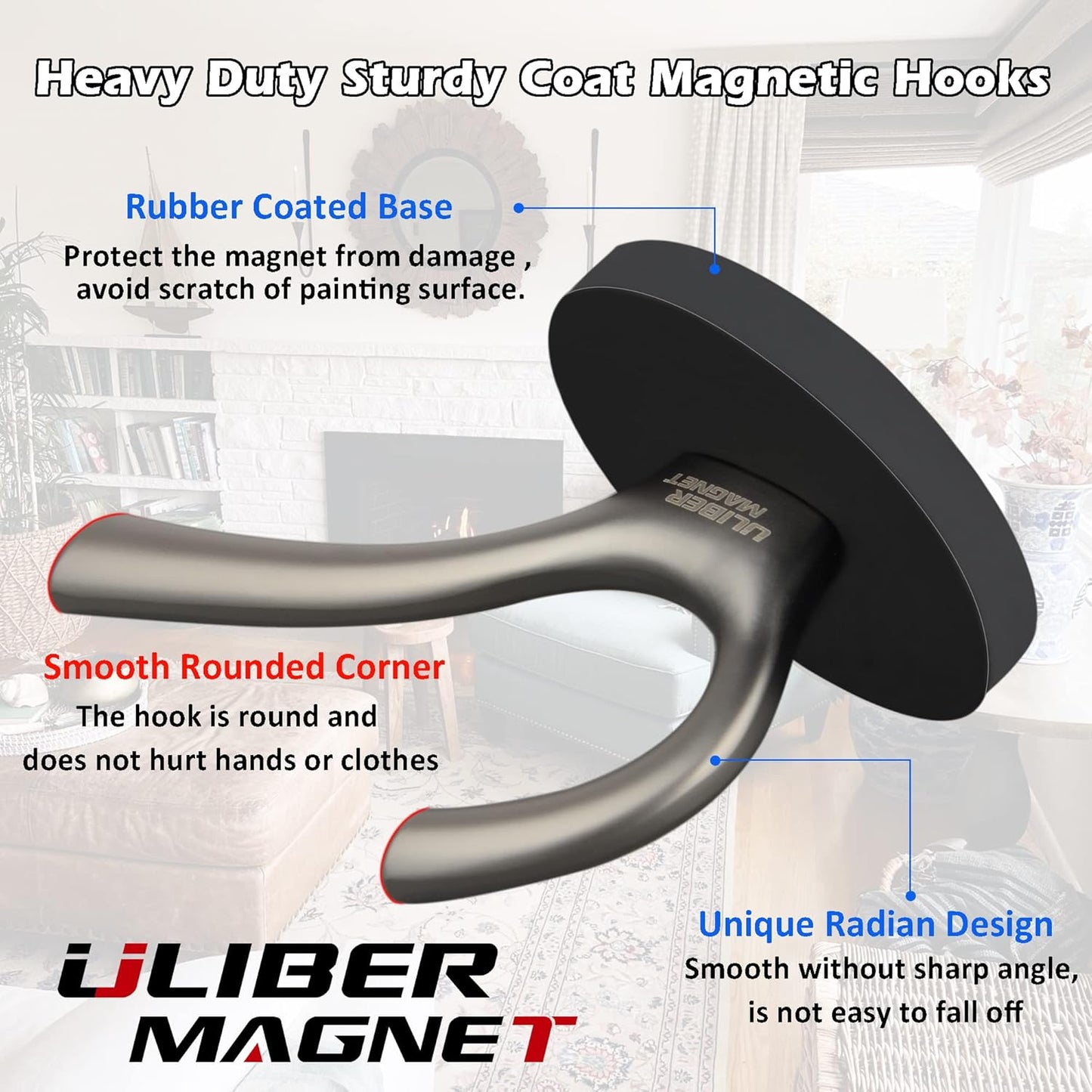 ULIBERMAGNET Strong Magnetic Double Hooks - Heavy Duty Coat Hangers, 2 Pack, Brushed Nickel Finish