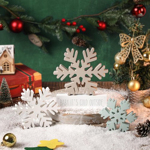 KORMMCO Christmas Snowflake Decor - White Wooden Table Signs | Winter Tiered Tray Decorations - 4 Pieces