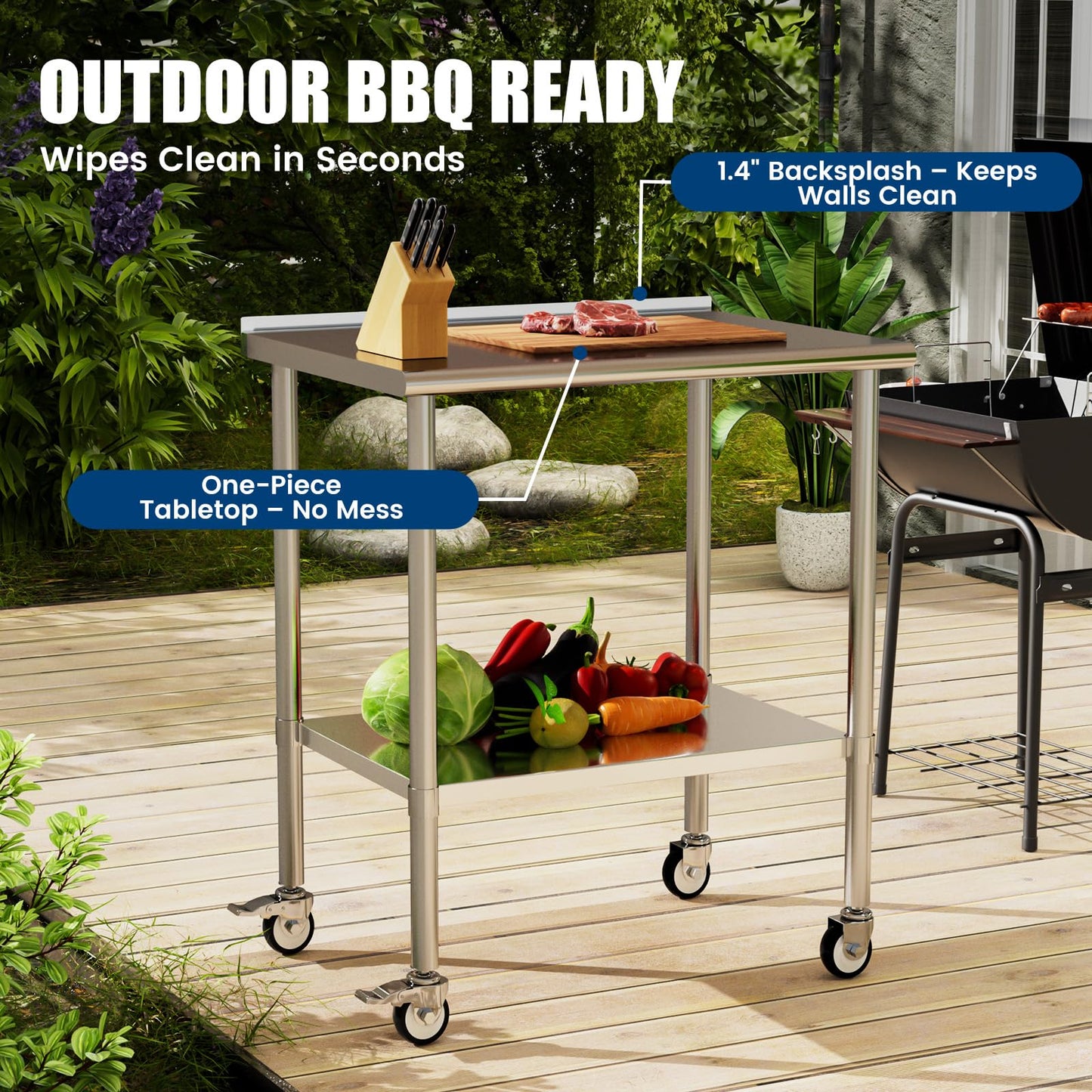 Chingoo Stainless Steel Work Table with Wheels, 24x36 Inch NSF Food Prep Table with Backsplash & Adjustable Undershelves for Commercial Kitchen, Restaurant, Garage
