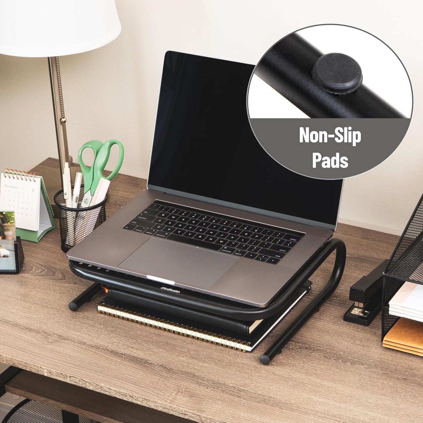 Set 2, Mind Reader Monitor Stand, Ventilated Laptop Riser, Desktop Organizer, Metal, of Black