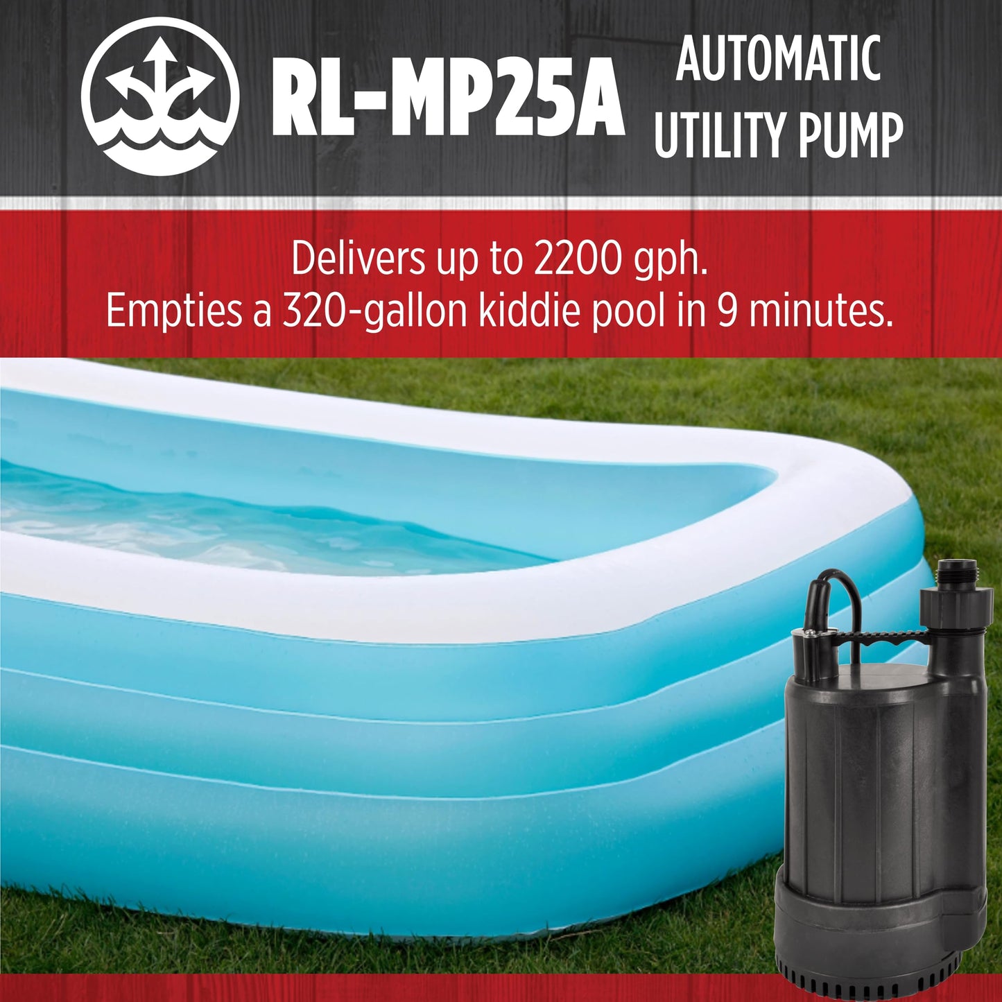 Red Lion RL-MP25A 115 Volt, 1/4 HP 2200 GPH Automatic Thermoplastic Submersible Utility Pump, 10-Ft. Cord, Black, 14942735