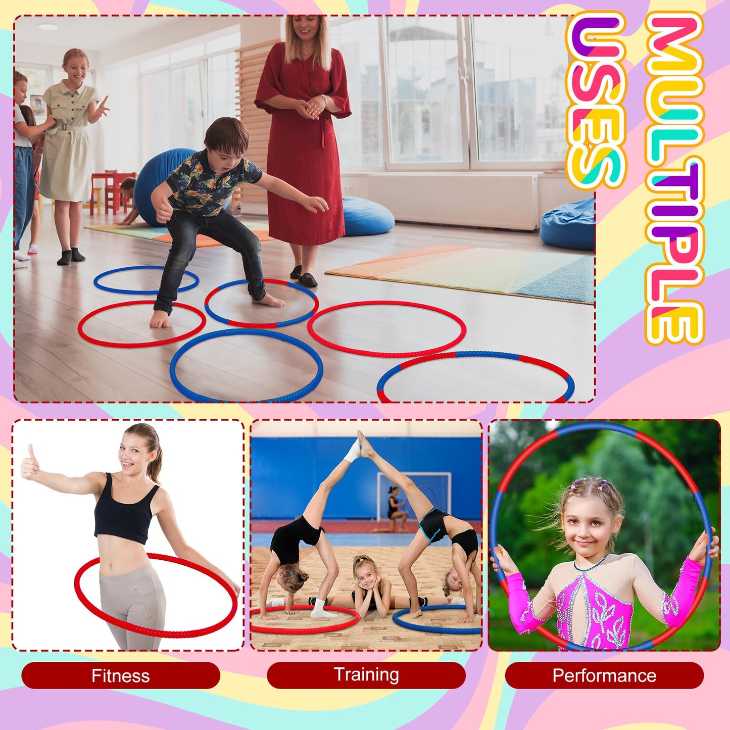Halloscume 6 Pcs Exercise Hoop Detachable Fitness Rings Adjustable Plastic Toy Fitness Hoop Playground Toys Colored Circles for Teens Games Gymnastics Agility, 28 Inch(Dark Blue, Red)