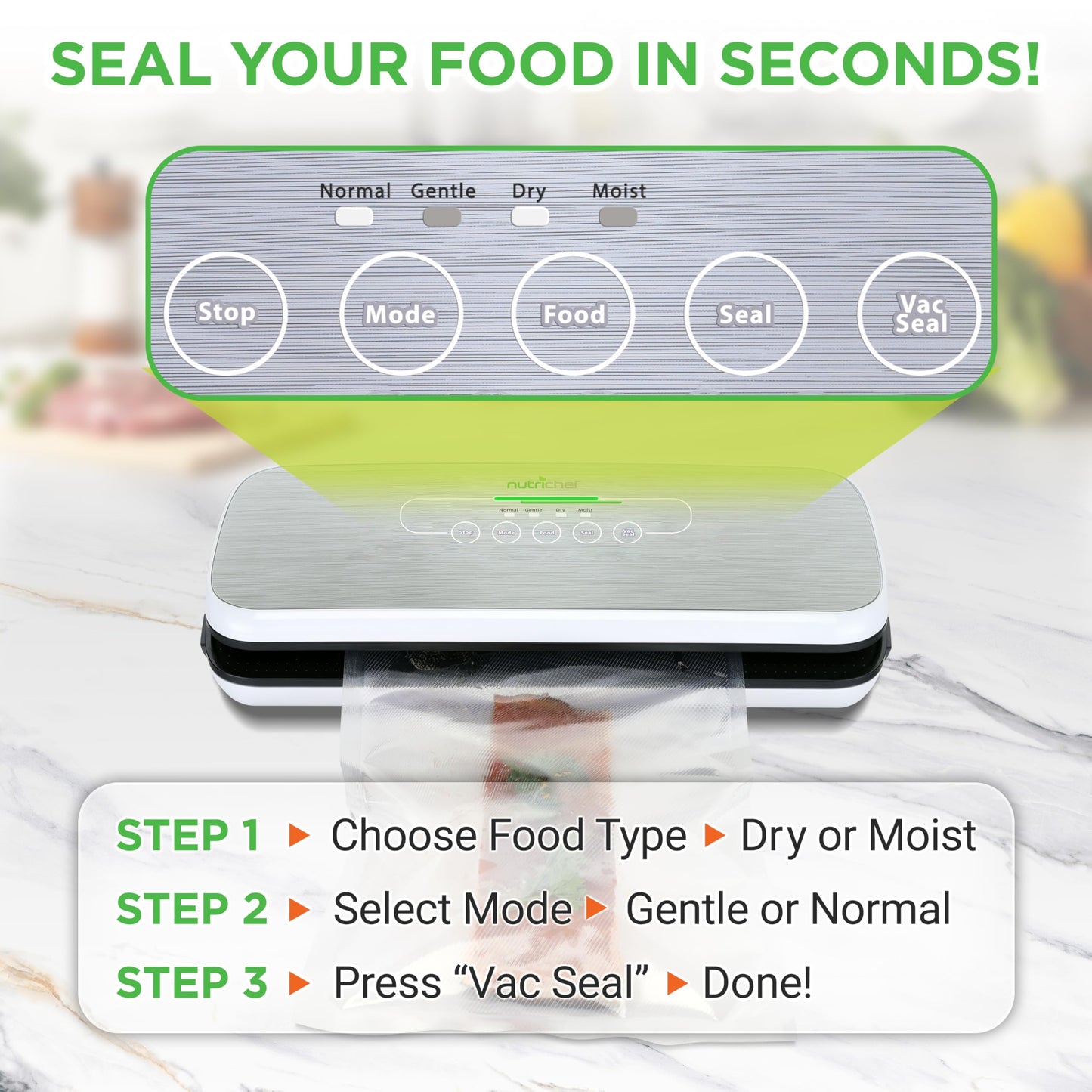 NutriChef Vacuum Sealer For Food - Automatic Air Sealing Machine for Dry & Moist Foods, LED Touch Controls, Includes Vacuum Bags, Hose & Wine Stopper, High Suction Power