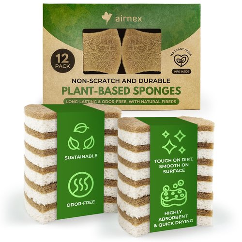 AIRNEX Natural Kitchen Sponges (12 Pack) - Biodegradable Cellulose & Coconut Scrubber Dish Sponge for Kitchen - Eco-Friendly, Non Scratch, Compostable, Non Toxic Natural Sponges for Dishes