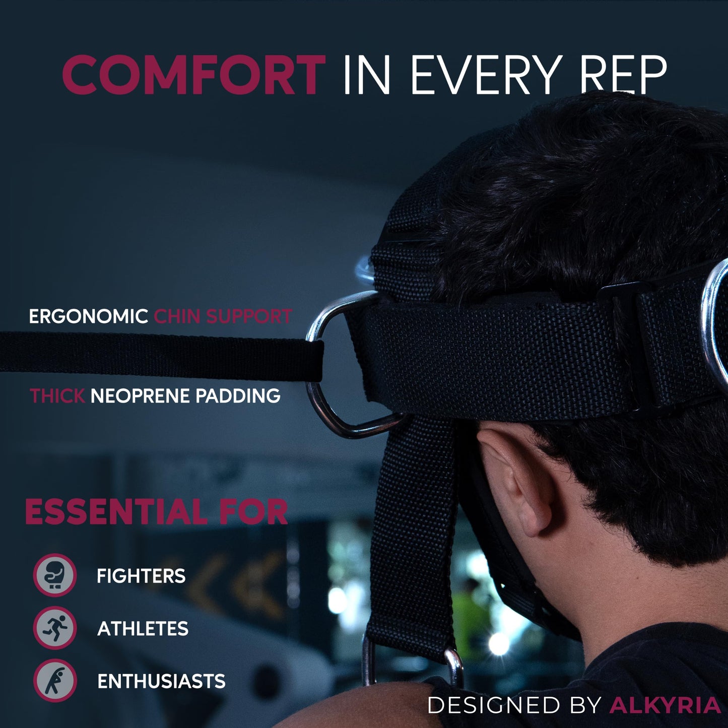 ALKYRIA Neck Harness Weight Lifting Trainer - Adjustable Neck Exerciser & Strengthener for Gym, Boxing, and Home Training - Padded Head Harness with Bonus Jaw Exerciser & Mesh Bag
