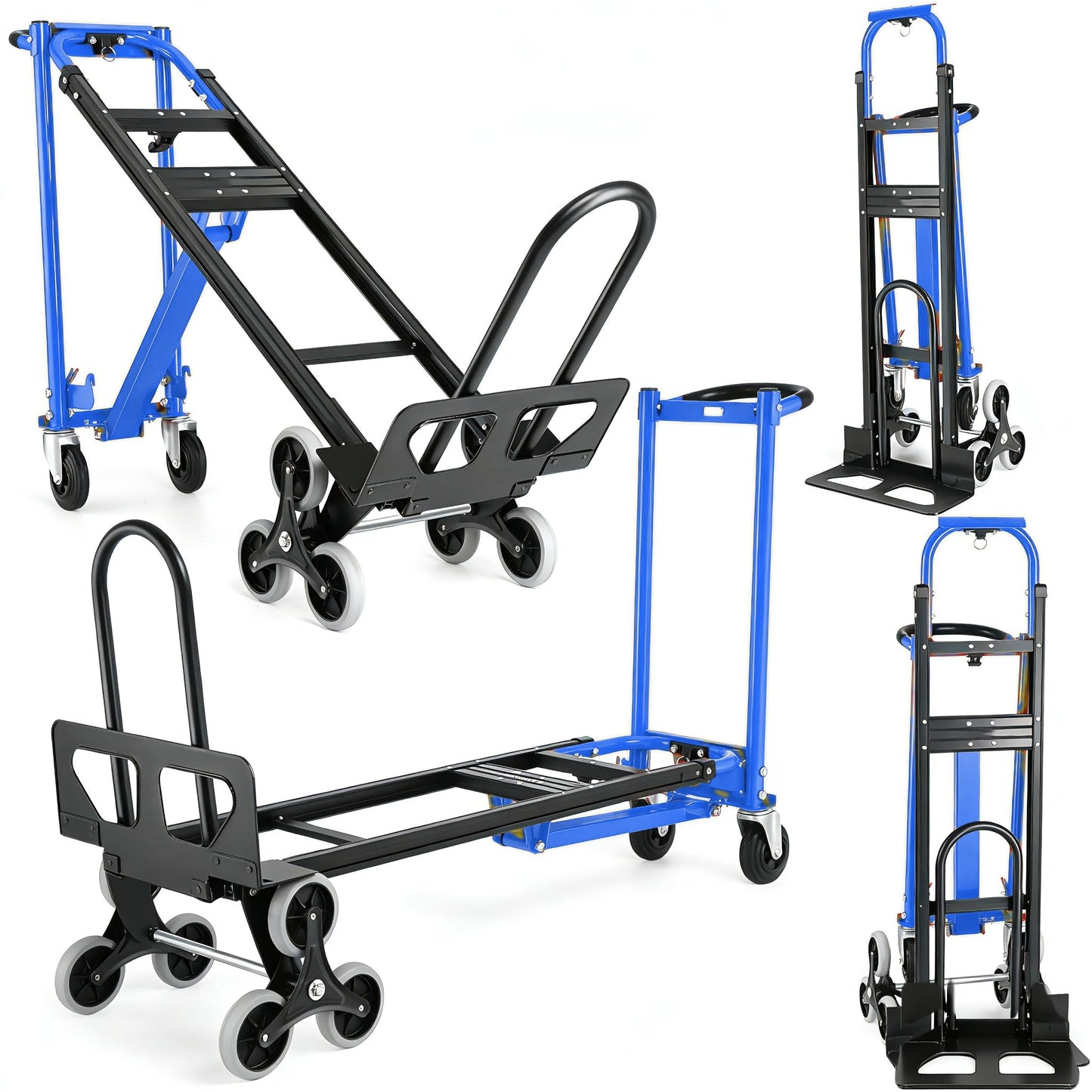 1000LBS Convertible Hand Truck, Heavy Duty Foldable Aluminum Stair Climbing Dolly with Solid Wheels for Moving/Office/Travel (Blue)