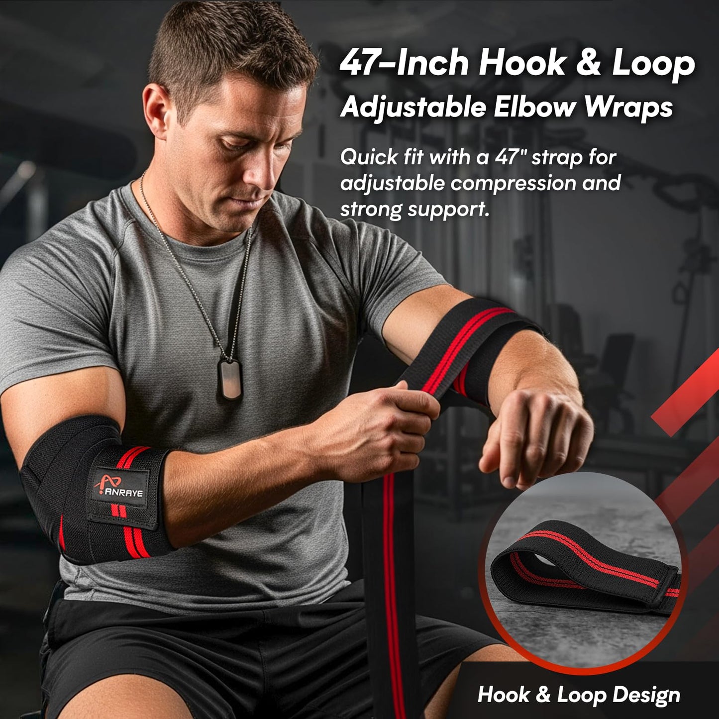 Anraye Elbow Wraps for Weightlifting - 47" Adjustable Compression Straps & Brace for Joint Support (1 Pair), Elbow Wraps Weight Lifting Men Women for Bench Press Powerlifting and Fitness Training