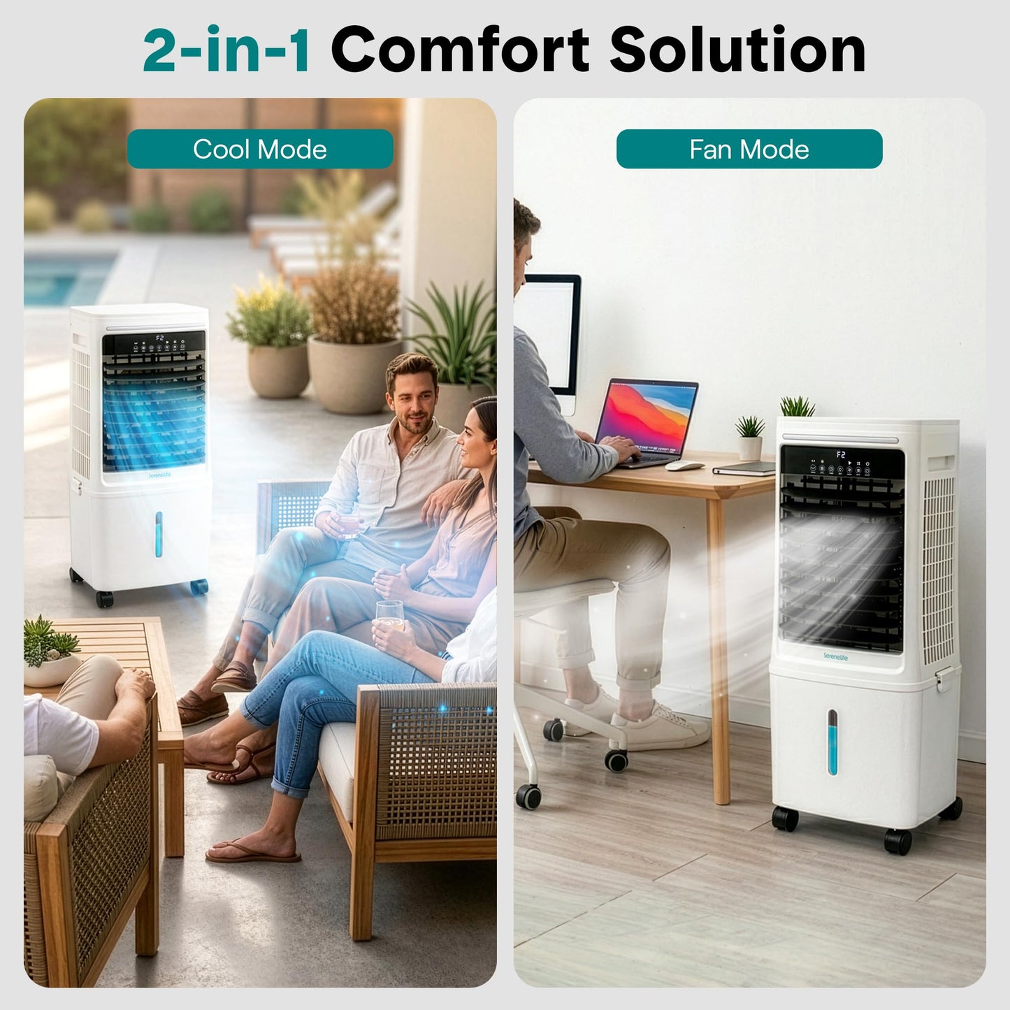SereneLife Tower Fan, Smart Stand Up Bladeless Tower Fan with WiFi and Remote Control, 1700 CFM High Velocity Output, 25 Liter Detachable Water Tank, Boosted AC Flow with 4 Ice Packs Included