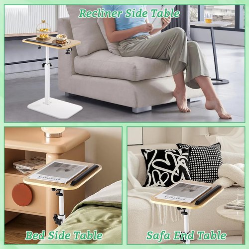 GBACHOOSE Sofa Armrest Tray Table for Couch, TV Tray Table 360° Swivel Height Adjustable End for Small Spaces, C Shaped End Table for Couch, Living Room, Bedroomor with Phone & Tablet Slot(White)