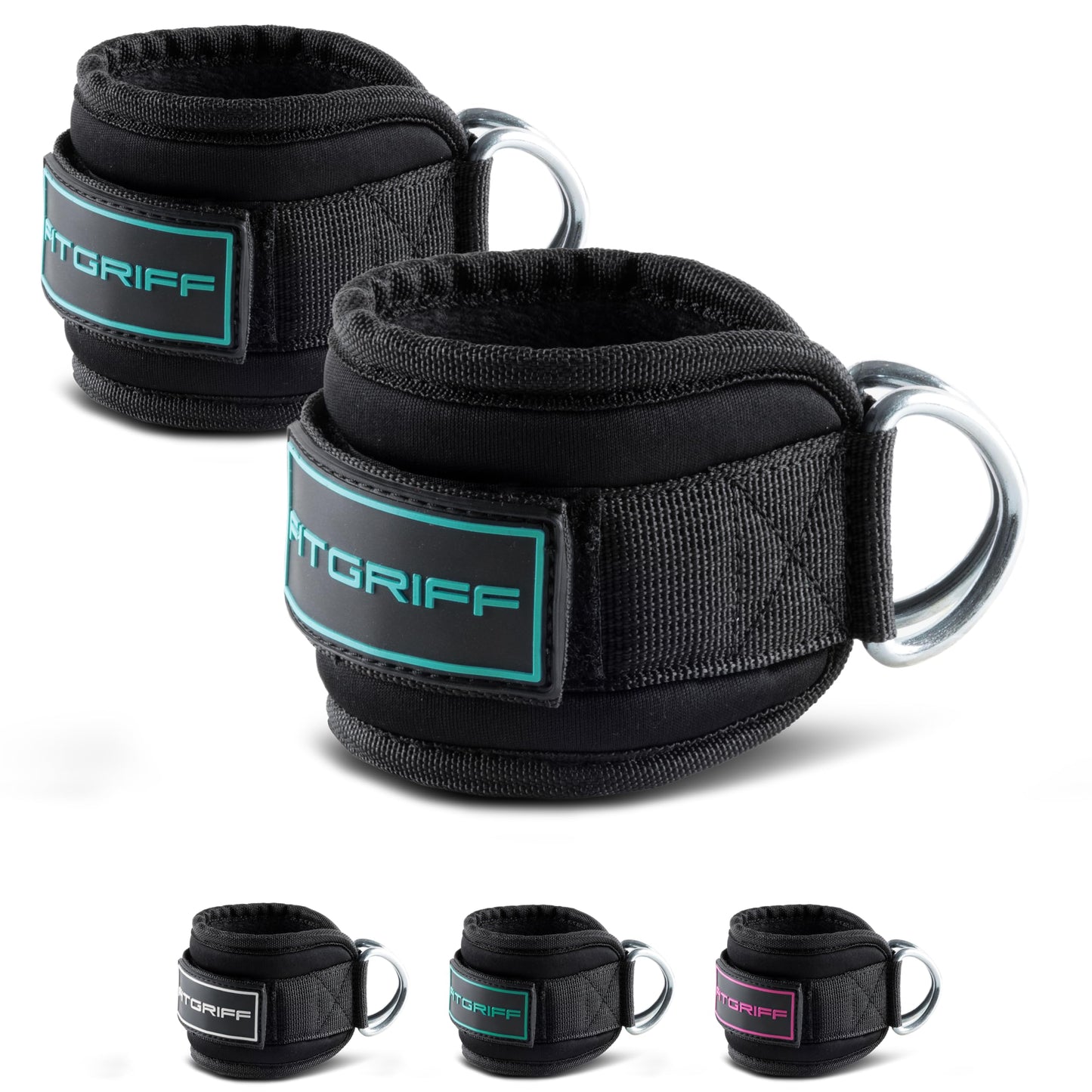 Fitgriff® Ankle Straps V3 for Cable Machine (2 Pieces) - Gym Workout Equipment - Leg Pulley Attachment, Kickback Straps (Black/Cyan)