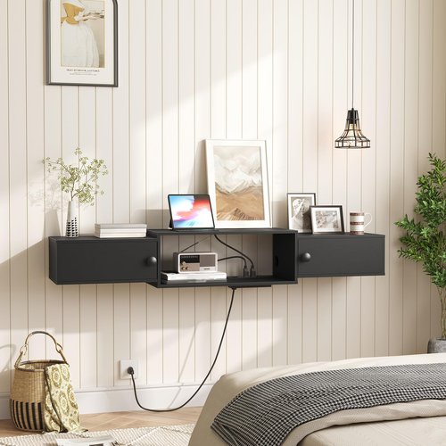 HOOBRO 55" Floating TV Stand with Power Outlets, Modern Wall Mounted Media Console Shelf with Doors, Entertainment Center for Under TV Storage, for Living Room, Bedroom, Black BK11UDS01
