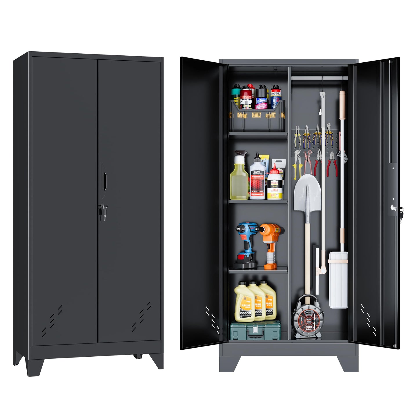OSKEBABO Broom Closet Storage Cabinet, Garage Storage Cabinet with Pegboard & Hanging Rod, Tool Organizer Steel Lockers for Garage, Laundry Room, Home Office, 61" Hx 27.7" Wx13.8 D