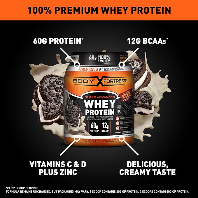 Body Fortress Super Advanced Whey Protein Powder, Cookies N??Creme, 60g Protein & 12g BCAAs Per 2 Scoops, Muscle Gain & Recovery, Immune Support with Vitamins C & D, 1.78lbs (Packaging May Vary)